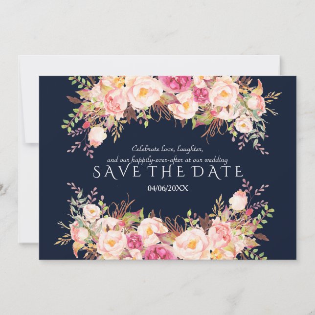 Romantic Pink Blush Flowers Navy Blue Wedding Save The Date (Front)