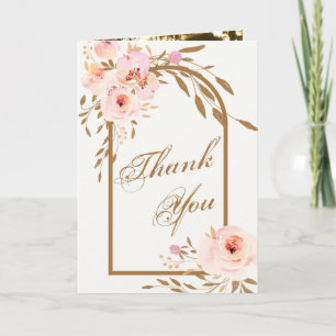 Romantic Pink Blush Gold Floral Wedding Photo Thank You Card