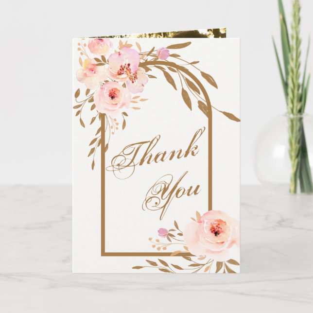 Romantic Pink Blush Gold Floral Wedding Photo Thank You Card (Front)