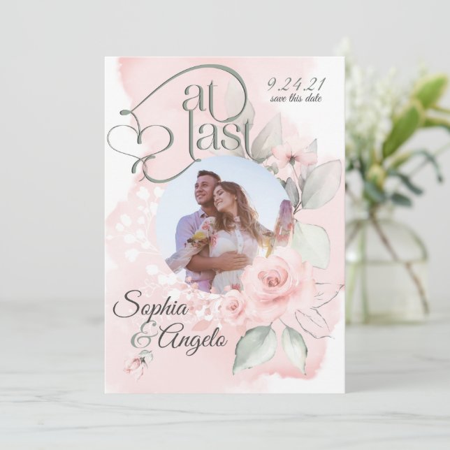 Romantic Pink Blush Rose At Last Save the Date (Standing Front)