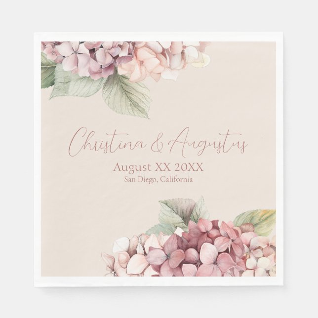 Romantic Pink & Blush Watercolor Hydrangea Flowers Napkin (Front)