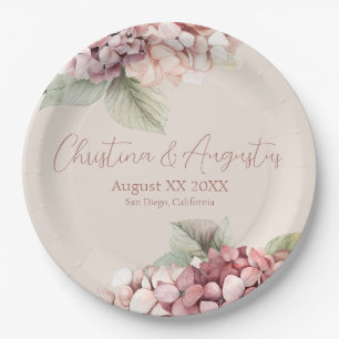 Romantic Pink & Blush Watercolor Hydrangea Flowers Paper Plate