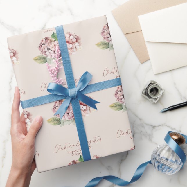 Romantic Pink & Blush Watercolor Hydrangea Flowers Wrapping Paper (Gifting)