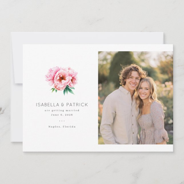 Romantic Pink Botanical Photo Save The Date (Front)