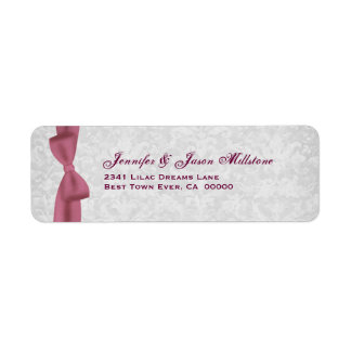 Romantic Pink Bow and Silver Damask Wedding Label Return Address Label