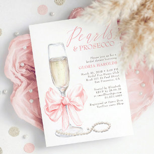 Romantic Pink Bow Pearls & Prosecco Bridal Shower Invitation