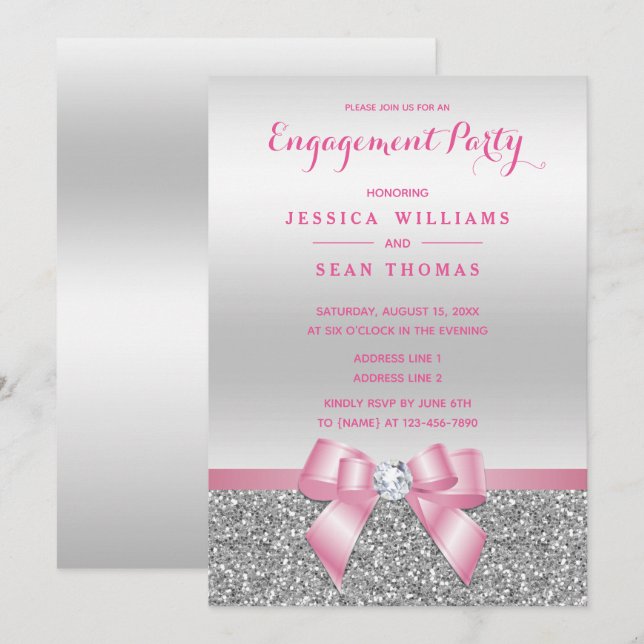 Romantic Pink Bow & Silver Glitter Engagement Invitation (Front/Back)