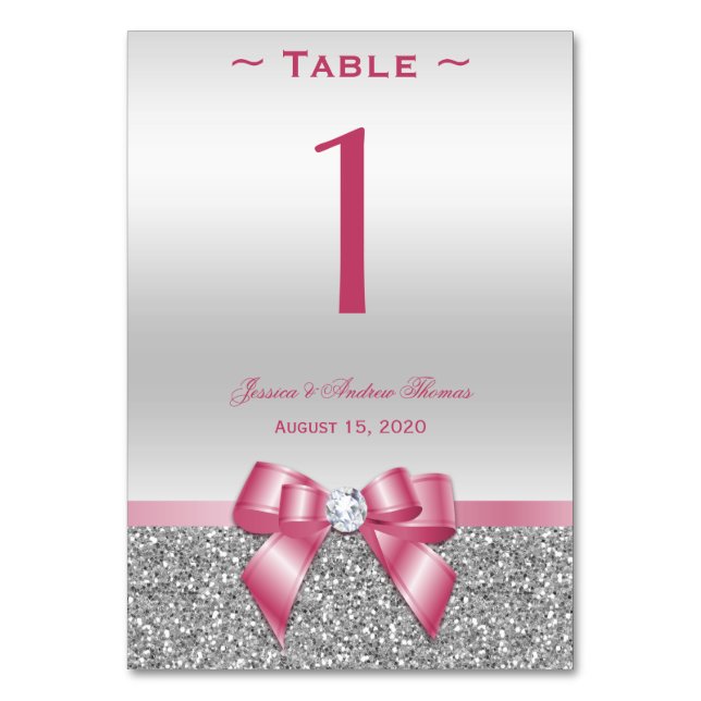 Romantic Pink Bow & Silver Glitter Table Number (Front)