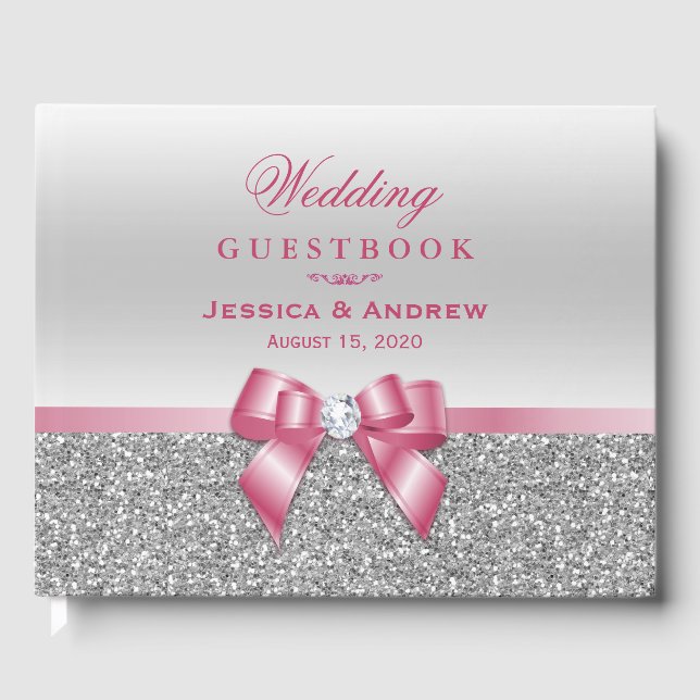 Romantic Pink Bow & Silver Glitter Wedding Guest Book (Front)