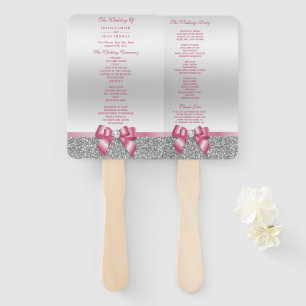 Romantic Pink Bow, Silver Glitter Wedding Program Hand Fan