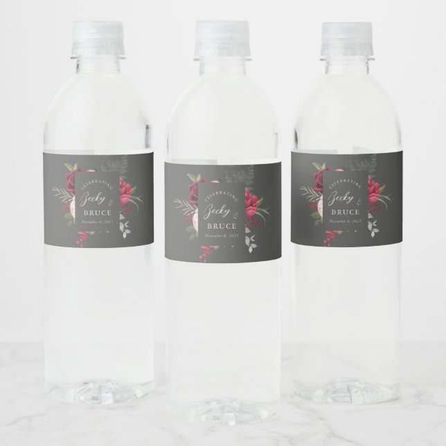 Romantic Pink Bridal Bouquet Charcoal Personalised Water Bottle Label (Bottles)