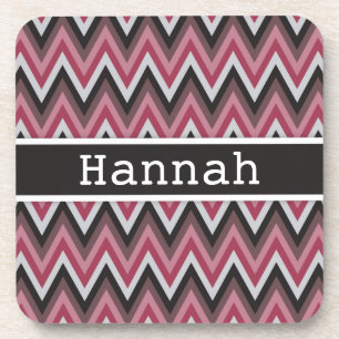 Romantic Pink Brown Chevron with Name Coaster