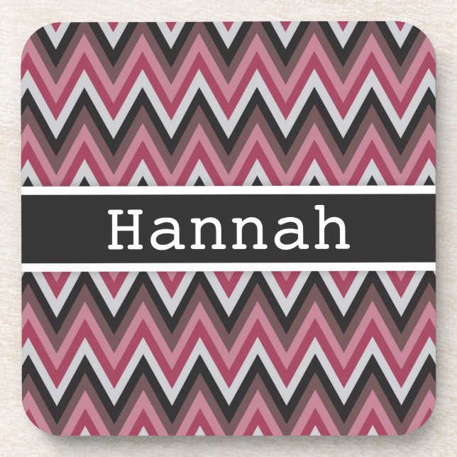 Romantic Pink Brown Chevron with Name Coaster (Front)