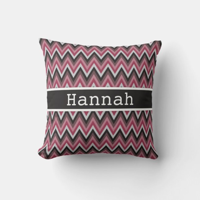 Romantic Pink Brown Chevron with Name Cushion (Front)