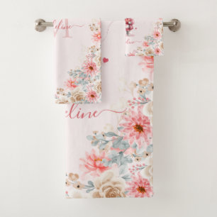 Romantic Pink Bunny & Hearts Monogram Name Bath Towel Set