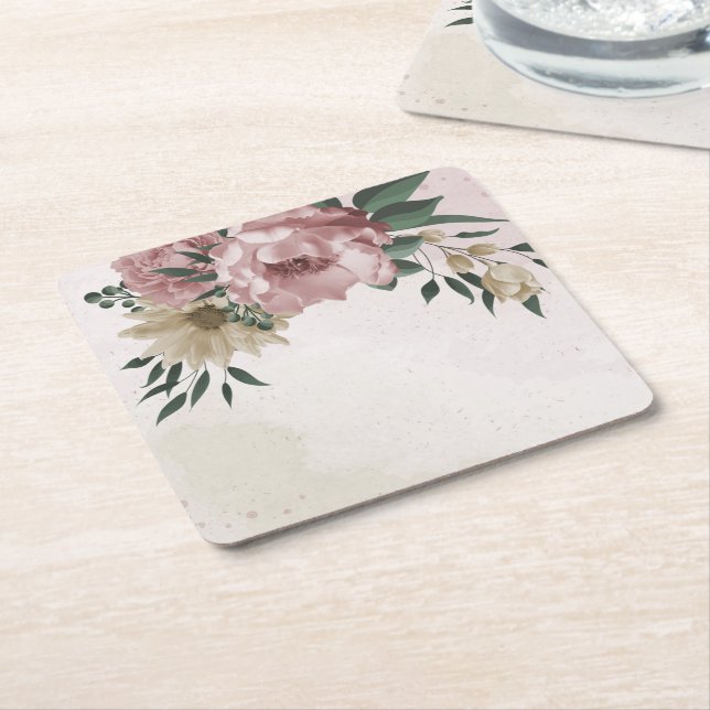  romantic pink & champagne flowers  square paper coaster (Angled)