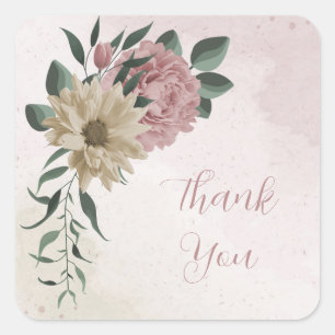 romantic pink & champagne flowers thank you square sticker