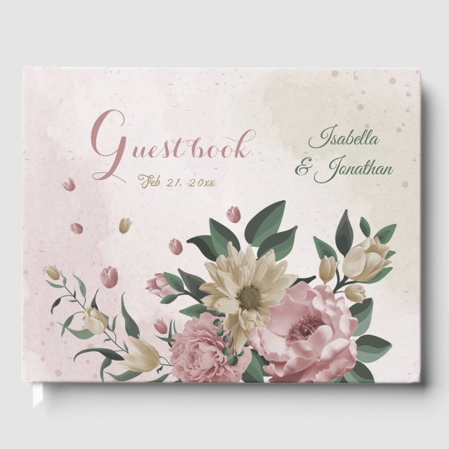  romantic pink & champagne flowers wedding guest book (Front)