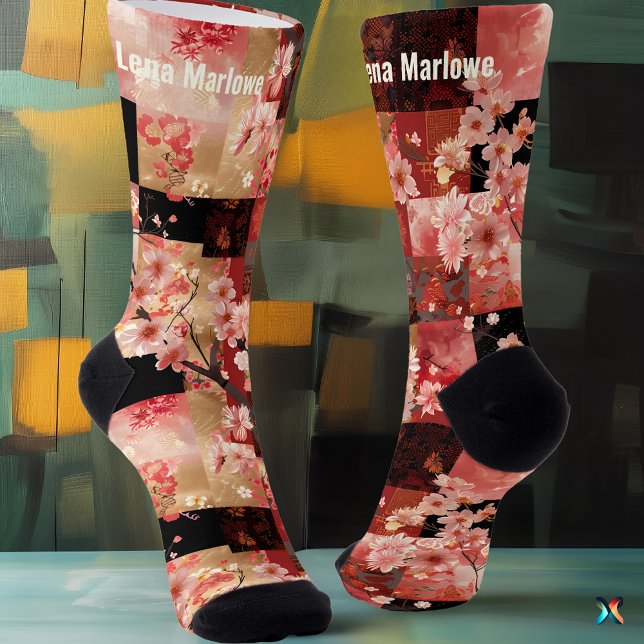 Romantic Pink Cherry Blossom Floral Patchwork Socks (Creator Uploaded)