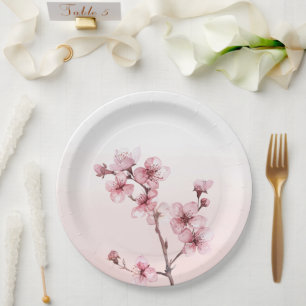 Romantic Pink Cherry Blossom Flowers Bridal Shower Paper Plate
