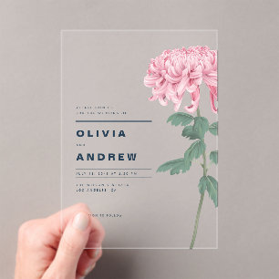 Romantic Pink Chrysanthemum Botanical Wedding Acrylic Invitations