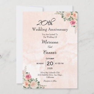 Romantic Pink Cream Floral Wedding Anniversary  Invitation