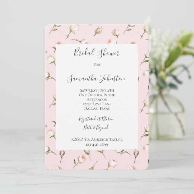 Romantic Pink Cream Rose Floral Bridal Shower Invitation (Standing Front)