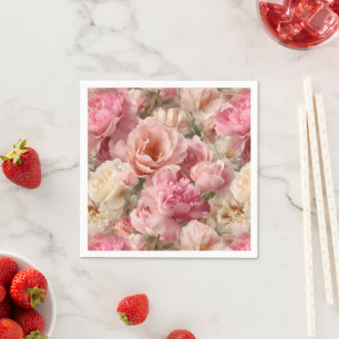 Romantic Pink & Cream Roses and Peonies Napkin