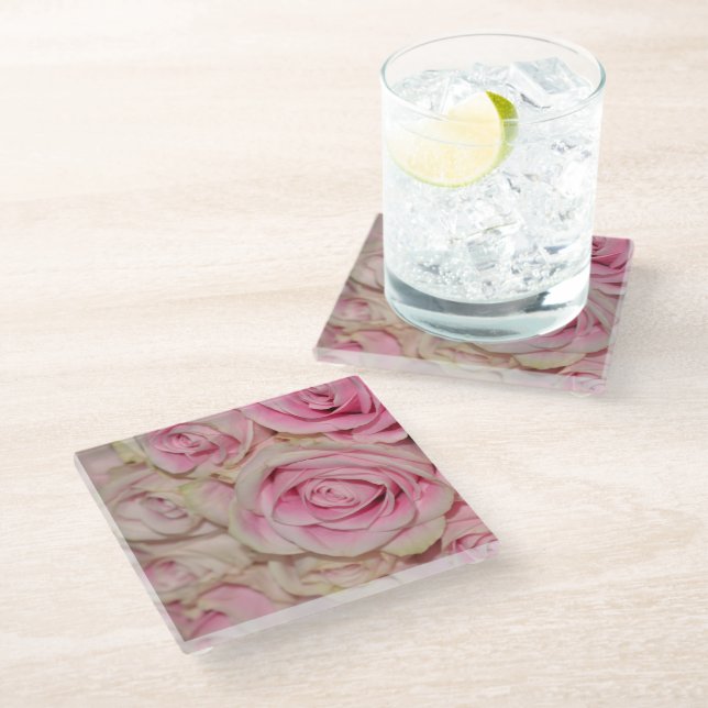 Romantic Pink Cream Roses Glass Coaster (Angled)