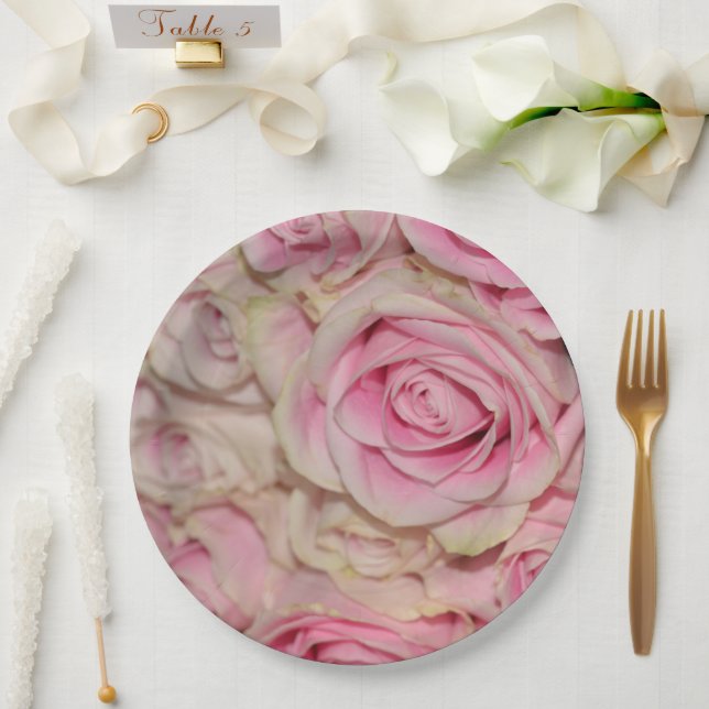 Romantic Pink Cream Roses Paper Plate (Wedding)