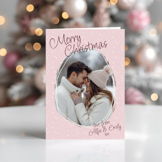 Romantic Pink Doodle Photo Merry Christmas Folded Holiday Card