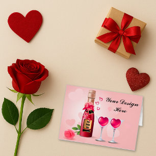 Romantic Pink Elegant Bottle Heart Glasses Card