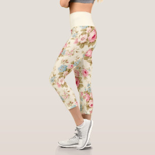 Romantic Pink English Roses on Pale Yellow Capri Leggings