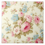 Romantic Pink English Roses on Pale Yellow Ceramic Tile<br><div class="desc">Lovely and romantic feminine seamless floral pattern featuring sprays of pink roses and blue flowers with sage foliage on pale pastel yellow background.</div>