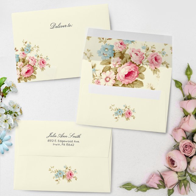 Romantic Pink English Roses on Pale Yellow Envelope (Creator Uploaded)