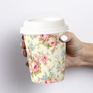 Romantic Pink English Roses on Pale Yellow Paper Cups