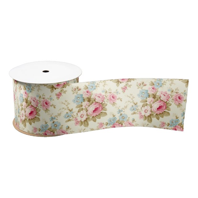Romantic Pink English Roses on Pale Yellow Satin Ribbon (Spool)