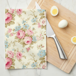 Romantic Pink English Roses on Pale Yellow Tea Towel