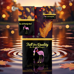 Romantic Pink Flamingos with autumn leaves black Bath Towel Set