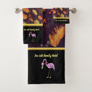 Romantic Pink Flamingos with autumn leaves black Bath Towel Set