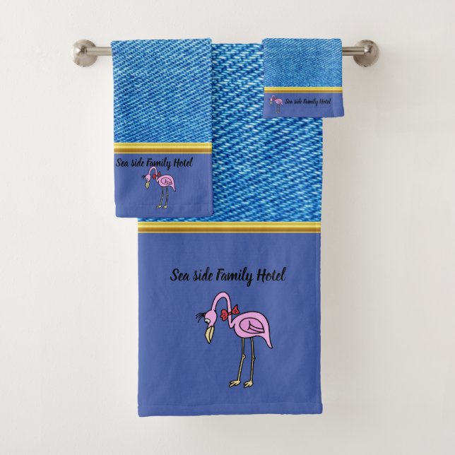 Romantic Pink Flamingos with denim texture .blue Bath Towel Set (Insitu)