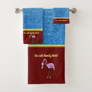 Romantic Pink Flamingos with denim texture .red Bath Towel Set