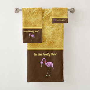 Romantic Pink Flamingos with gold foil brown Bath Towel Set