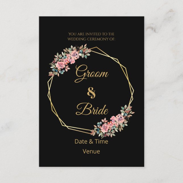 Romantic Pink Floral Black Wedding Invite (Front)