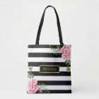 Romantic Pink Floral Black White Stripes