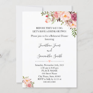 Romantic Pink Floral Boho Chic Rehearsal Dinner Invitation