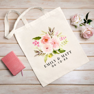 Romantic Pink Floral Bouquet Couple Names Tote Bag