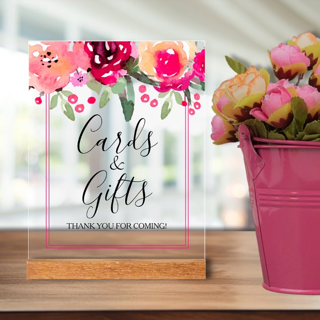 Romantic Pink Floral Bridal Shower Cards & Gifts Acrylic Sign (Romantic pink watercolor flowers bridal shower Cards & Gifts tabletop acrylic sign)