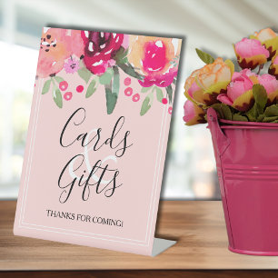 Romantic Pink Floral Bridal Shower Cards & Gifts Pedestal Sign