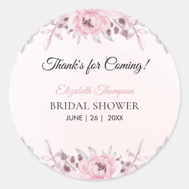 Romantic Pink Floral Bridal Shower Classic Round Sticker (Front)
